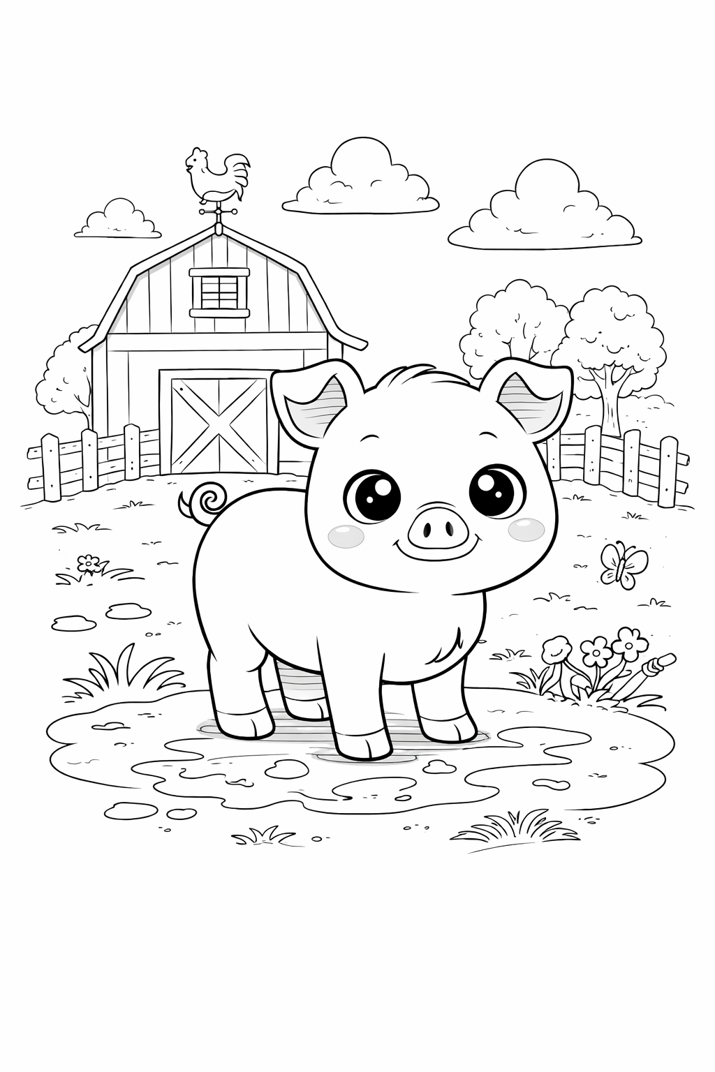 pig colouring page printable  farm animal scene for preschool kids