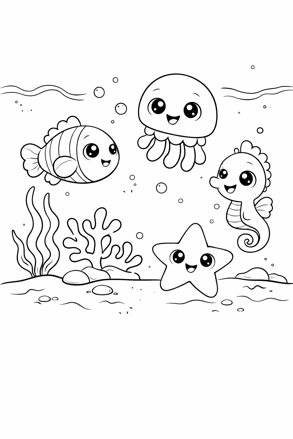 underwater animals colouring page  cute ocean scene for preschool kids