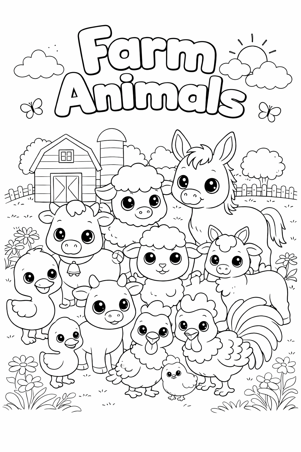 farm animals colouring page  cute scene for preschool kids