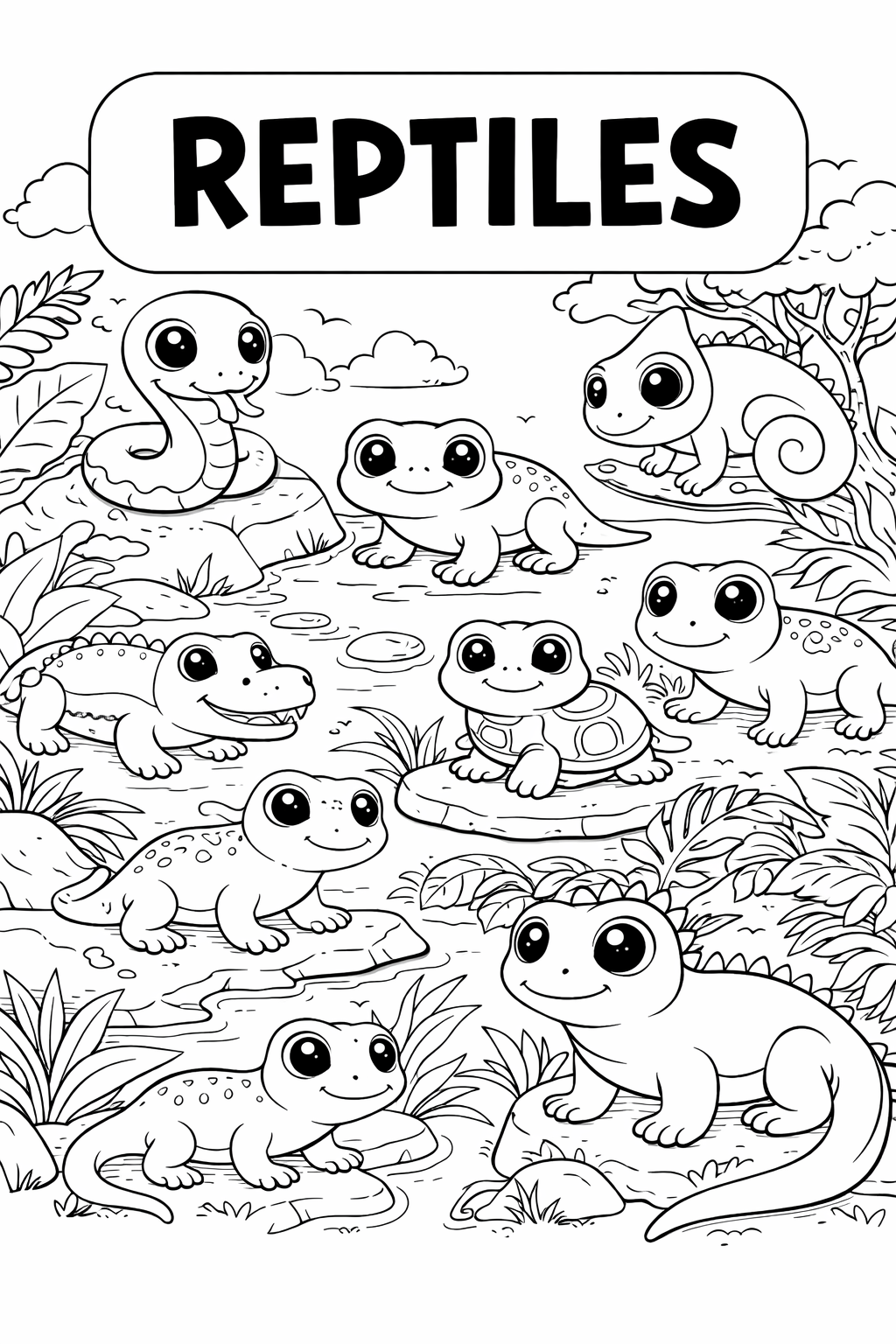 reptile colouring page printable  cute animal scene for preschool kids