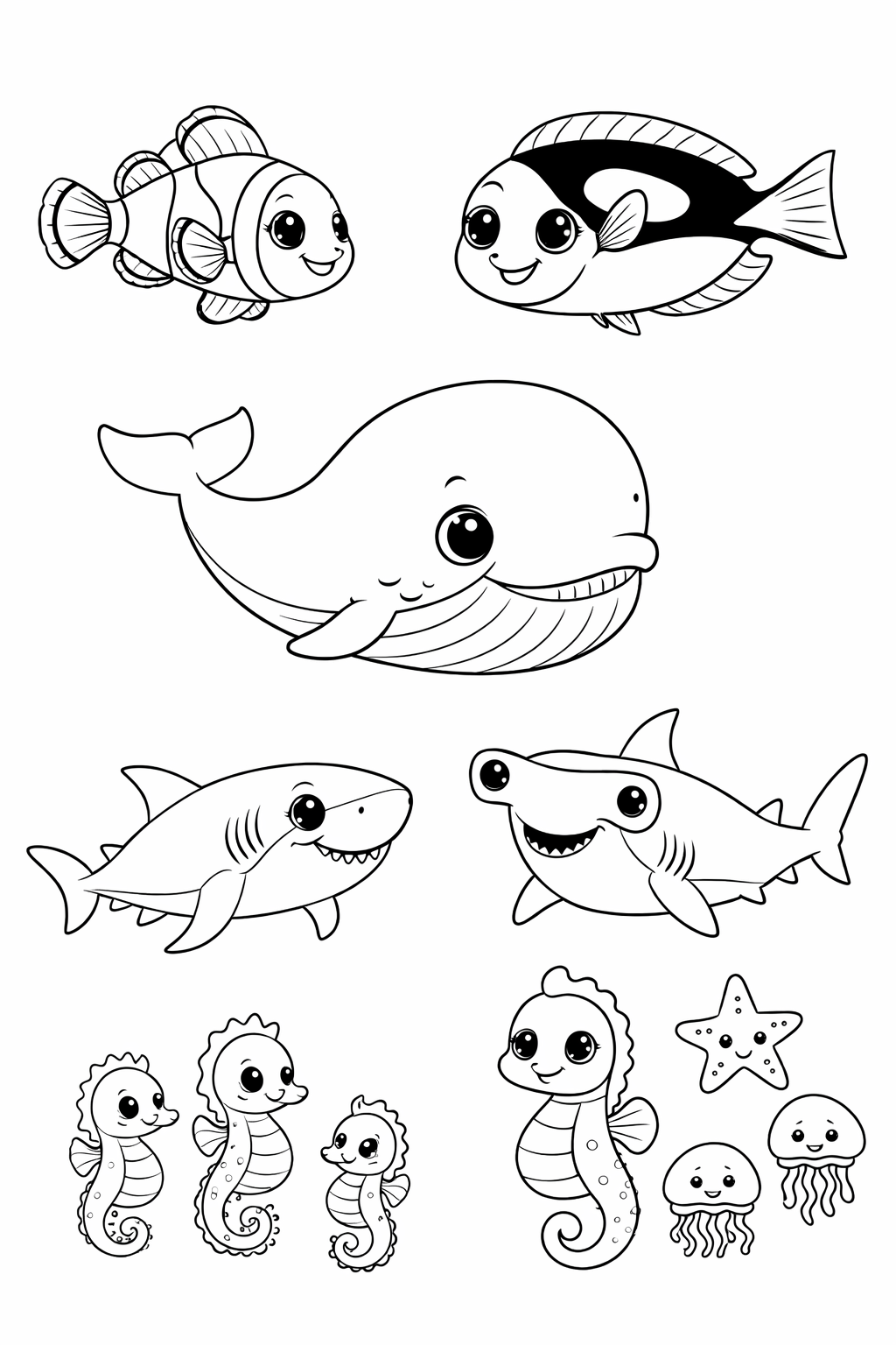 ocean critters colouring page printable  simple line art for toddlers